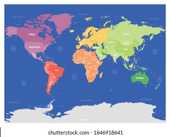 Colorido mapa político del Mundo dividido en seis continentes con fondo azul oscuro. Con los países, las ciudades capitales, los mares y las etiquetas oceánicas. Ilustración vectorial.