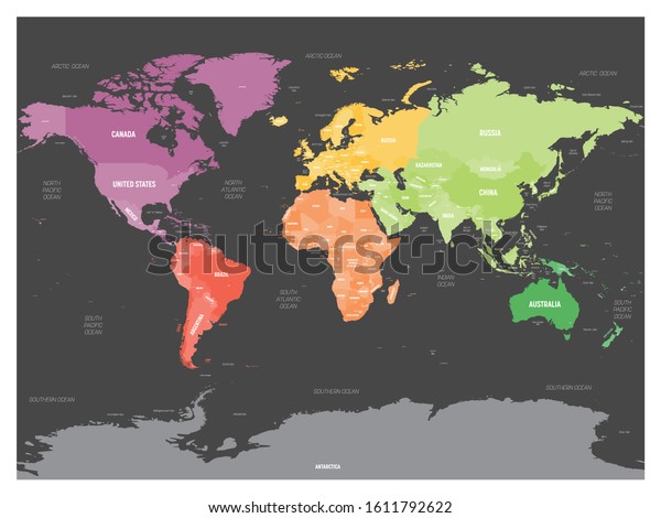 Colorful political map of World\
divided into six continents on dark grey background. With\
countries, capital cities, seas and oceans labels. Vector\
illustration.