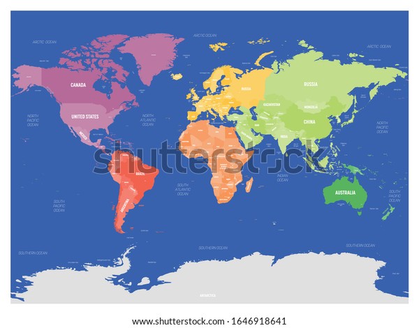 Colorful political map of World\
divided into six continents on dark blue background. With\
countries, capital cities, seas and oceans labels. Vector\
illustration.