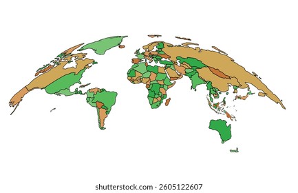 A colorful political world map different countries and regions. Each area is distinctly colored, highlighting global divisions and territories.