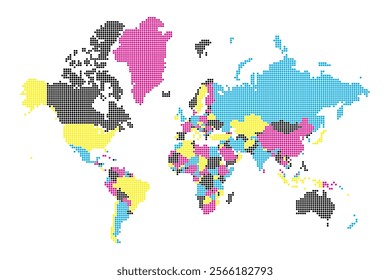 A colorful political world map featuring squares that represent different countries and regions. Each area is distinctly colored, highlighting global divisions and territories.