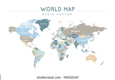 Colorful political world map with the name and borders of the countries