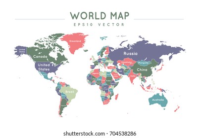 Colorful political world map with the name and borders of the countries