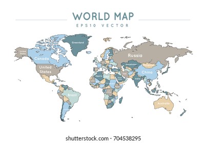 Colorful political world map with the name and borders of the countries