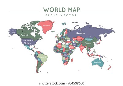 Colorful political world map with the name and borders of the countries