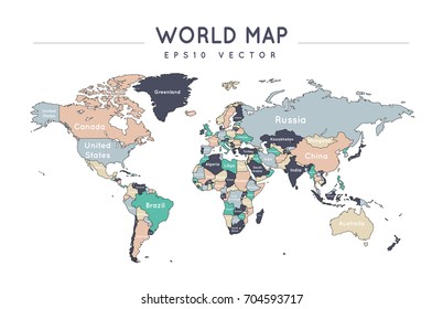 Colorful political world map with the name and borders of the countries