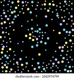 Colorful Polka Confetti Dotted Dark Background. Bubbles Circle Dots. Network Design, Technology Science, Vector Illustration. Perfect For Logo, Banner, Icon, Holiday, New year Background.