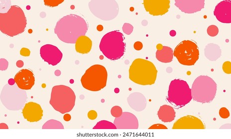 Colorful polka dot abstract pattern on beige background. Contemporary childish doodle design. Fun simple festive banner template. Vector circle confetti backdrop.