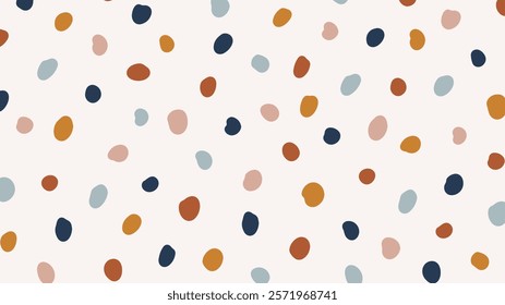 Colorful polka dot abstract pattern. Contemporary childish doodle design on beige background. Vector circle confetti backdrop. Fun simple festive banner template.