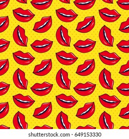 Colorful polka dot background with lips. Seamless pattern in yellow, red, white and black colors. Vector illustration.