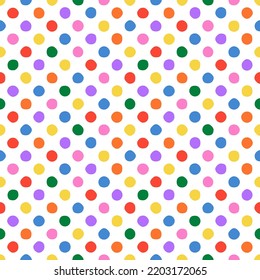 Colorful polka dot circle shape seamless pattern illustration. Creative hand drawn dots art background print for children. Trendy design with fun shapes in bright primary colors.