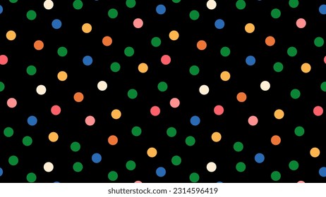 Colorful polka dot pattern on black background.
