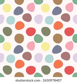 Colorful polka dot pattern on white background.