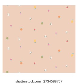 Colorful polka dot pattern on soft pink background with white border