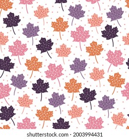 Colorful Polka Dot Purple, Pink, Orange Fall Maple Leaves Seamless Pattern