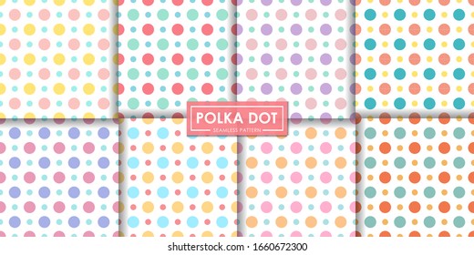 Colorido juego de patrones sin fisuras de polka, fondo abstracto, tapicería decorativa.