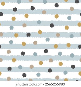 Colorful polka dot seamless pattern of multicolor dots. Allover print composite surface design of polkas and horizontal blue stripes on white background.