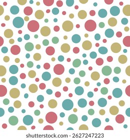 Colorful polka dot seamless pattern design with multicolor circles in random sizes on white background ideal for wrapping paper and fabric prints.