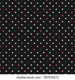 Colorful polka dot seamless pattern. Vector confetti texture with small scattered dots on black background. Simple abstract geometric fashion design for decoration, textile, cloth, fabric, covers, web