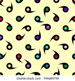 Colorful polka dots covered with comma or drop looking shapes seamless geometric pattern vector background design vintage retro abstract art
