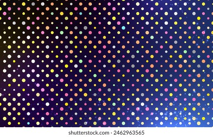 Colorful Polka dots pattern on gradient navy blue background. Geometric Backgrounds with Small Circles. Trendy design for wallpaper, fabric, textile, paper, cover, invitations, cards, holidays. Vector