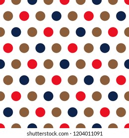 Colorful polka dots seamless background pattern in beige, blue and red 