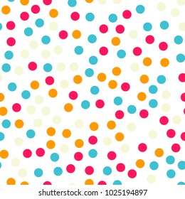 Colorful polka dots seamless pattern on white 18 background. Delightful classic colorful polka dots textile pattern. Seamless scattered confetti fall chaotic decor. Abstract vector illustration.