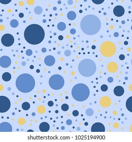 Colorful polka dots seamless pattern on bright 24 background. Adorable classic colorful polka dots textile pattern. Seamless scattered confetti fall chaotic decor. Abstract vector illustration.