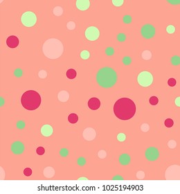 Colorful polka dots seamless pattern on bright 20 background. Amazing classic colorful polka dots textile pattern. Seamless scattered confetti fall chaotic decor. Abstract vector illustration.