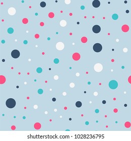 Colorful polka dots seamless pattern on bright 19 background. Breathtaking classic colorful polka dots textile pattern. Seamless scattered confetti fall chaotic decor. Abstract vector illustration.