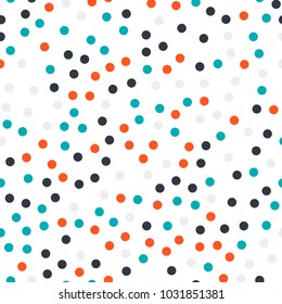 Colorful polka dots seamless pattern on black 17 background. Amazing classic colorful polka dots textile pattern. Seamless scattered confetti fall chaotic decor. Abstract vector illustration.