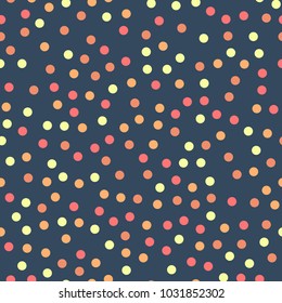Colorful polka dots seamless pattern on bright 21 background. Unique classic colorful polka dots textile pattern. Seamless scattered confetti fall chaotic decor. Abstract vector illustration.
