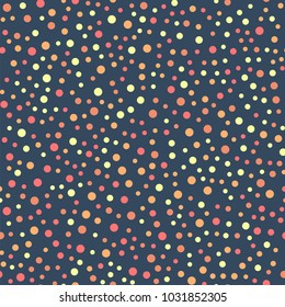 Colorful polka dots seamless pattern on bright 21 background. Delightful classic colorful polka dots textile pattern. Seamless scattered confetti fall chaotic decor. Abstract vector illustration.