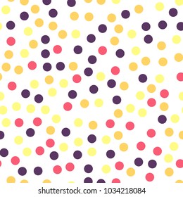 Colorful polka dots seamless pattern on white 25 background. Elegant classic colorful polka dots textile pattern. Seamless scattered confetti fall chaotic decor. Abstract vector illustration.