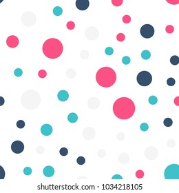 Colorful polka dots seamless pattern on white 19 background. Lovely classic colorful polka dots textile pattern. Seamless scattered confetti fall chaotic decor. Abstract vector illustration.