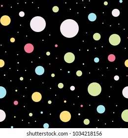 Colorful polka dots seamless pattern on black 4 background. Mind-blowing classic colorful polka dots textile pattern. Seamless scattered confetti fall chaotic decor. Abstract vector illustration.