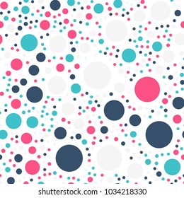 Colorful polka dots seamless pattern on white 19 background. Graceful classic colorful polka dots textile pattern. Seamless scattered confetti fall chaotic decor. Abstract vector illustration.