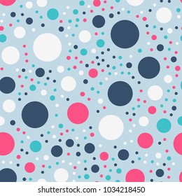 Colorful polka dots seamless pattern on bright 19 background. Wondrous classic colorful polka dots textile pattern. Seamless scattered confetti fall chaotic decor. Abstract vector illustration.