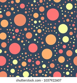 Colorful polka dots seamless pattern on bright 21 background. Great classic colorful polka dots textile pattern. Seamless scattered confetti fall chaotic decor. Abstract vector illustration.