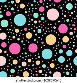 Colorful polka dots seamless pattern on black 3 background. Interesting classic colorful polka dots textile pattern. Seamless scattered confetti fall chaotic decor. Abstract vector illustration.