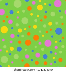 Colorful polka dots seamless pattern on bright 2 background. Divine classic colorful polka dots textile pattern. Seamless scattered confetti fall chaotic decor. Abstract vector illustration.