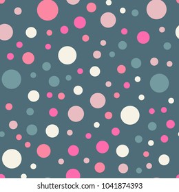 Colorful polka dots seamless pattern on bright 8 background. Pleasant classic colorful polka dots textile pattern. Seamless scattered confetti fall chaotic decor. Abstract vector illustration.