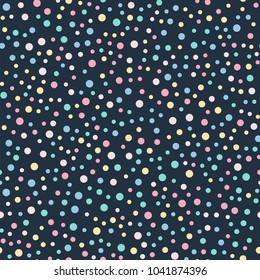 Colorful polka dots seamless pattern on black 9 background. Beauteous classic colorful polka dots textile pattern. Seamless scattered confetti fall chaotic decor. Abstract vector illustration.