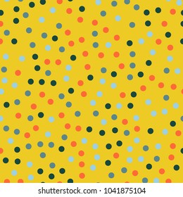 Colorful polka dots seamless pattern on bright 26 background. Mind-blowing classic colorful polka dots textile pattern. Seamless scattered confetti fall chaotic decor. Abstract vector illustration.