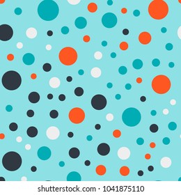 Colorful polka dots seamless pattern on bright 17 background. Ravishing classic colorful polka dots textile pattern. Seamless scattered confetti fall chaotic decor. Abstract vector illustration.