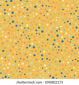 Colorful polka dots seamless pattern on bright 6 background. Fantastic classic colorful polka dots textile pattern. Seamless scattered confetti fall chaotic decor. Abstract vector illustration.