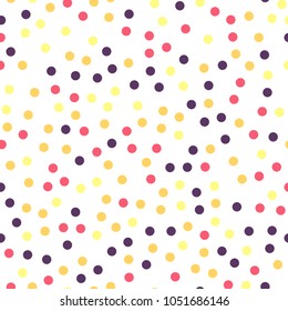Colorful polka dots seamless pattern on black background. Gorgeous classic colorful polka dots textile pattern. Seamless scattered confetti fall chaotic decor. Abstract vector illustration.