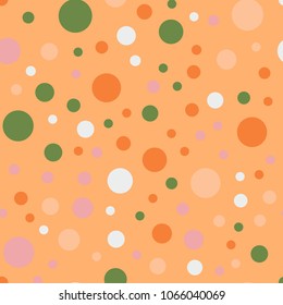Colorful polka dots seamless pattern on bright 14 background. Cute classic colorful polka dots textile pattern. Seamless scattered confetti fall chaotic decor. Abstract vector illustration.