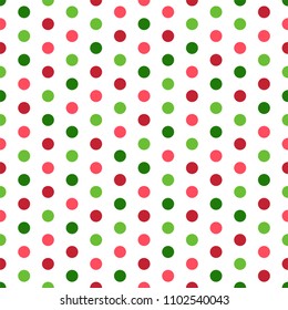 Colorful Polka Dots Seamless Pattern - Green, light green, pink, and red polka dots on white background