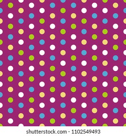 Colorful Polka Dots Seamless Pattern - Light blue, light green, yellow, and white polka dots on magenta background